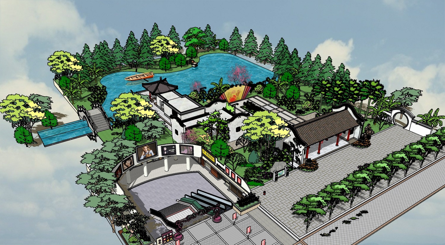 仿古公园建筑景观su模型-1