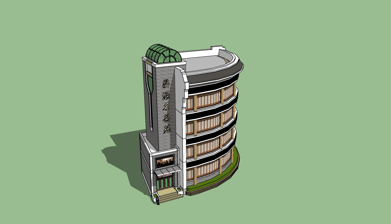 街角弧形茶楼建筑su模型-1