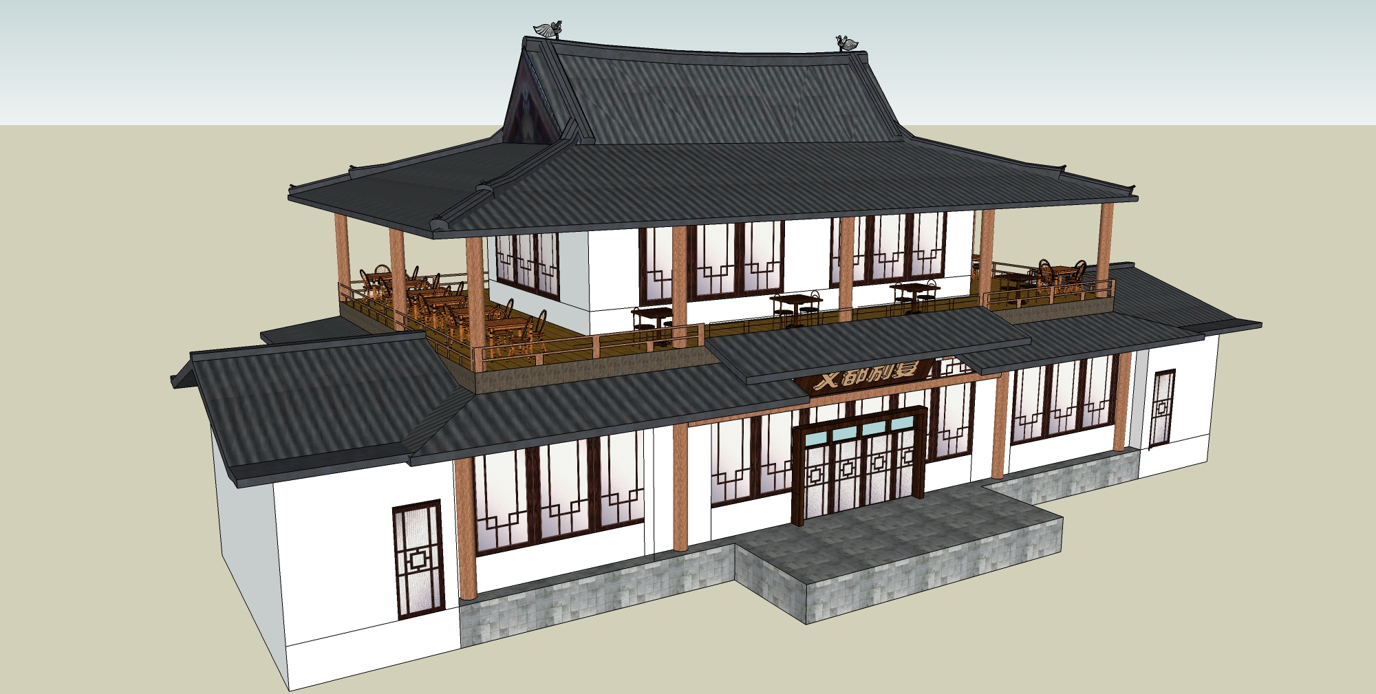 中式主题餐厅建筑su模型-1