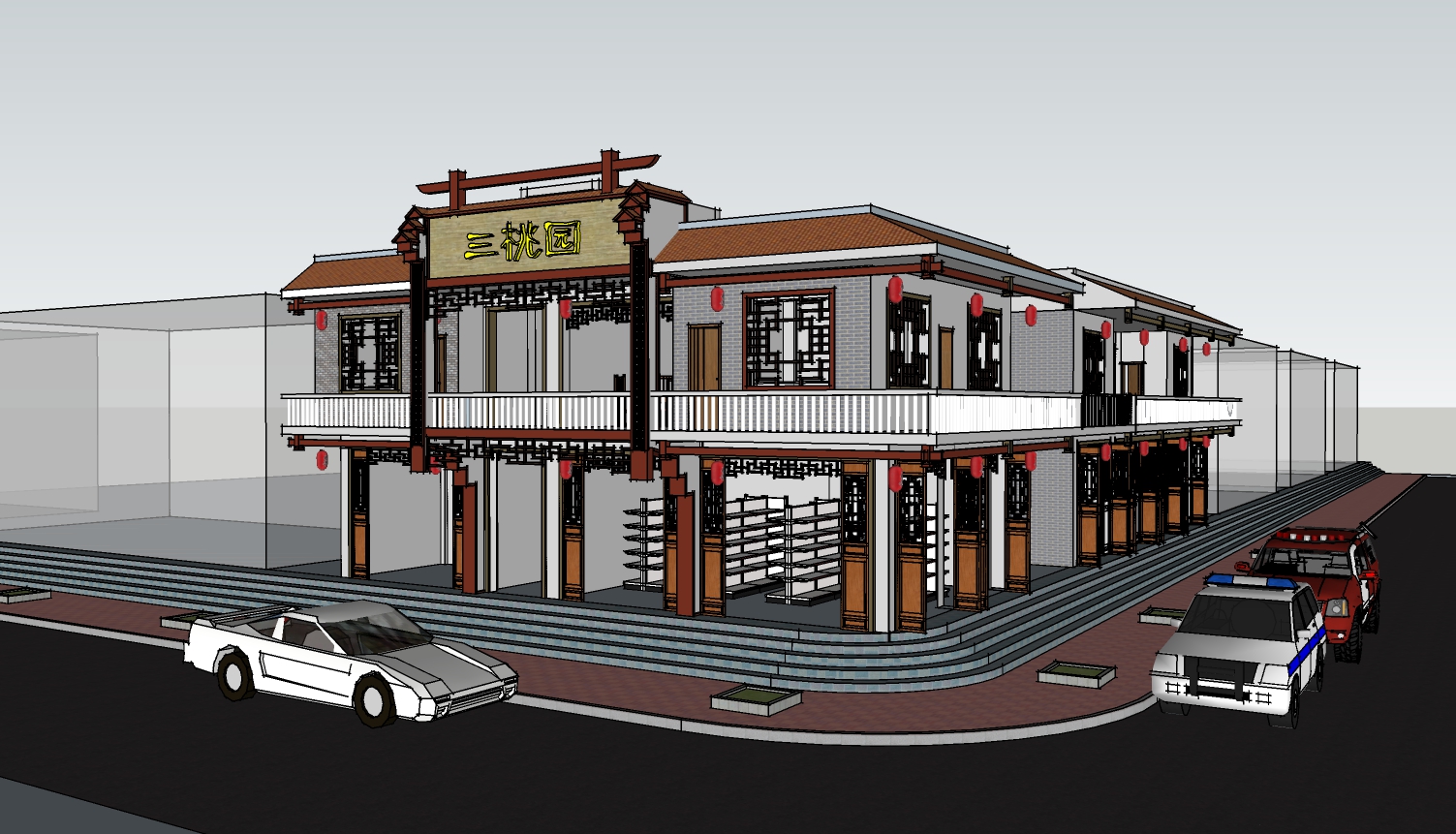 街角中式餐馆酒楼su模型-1