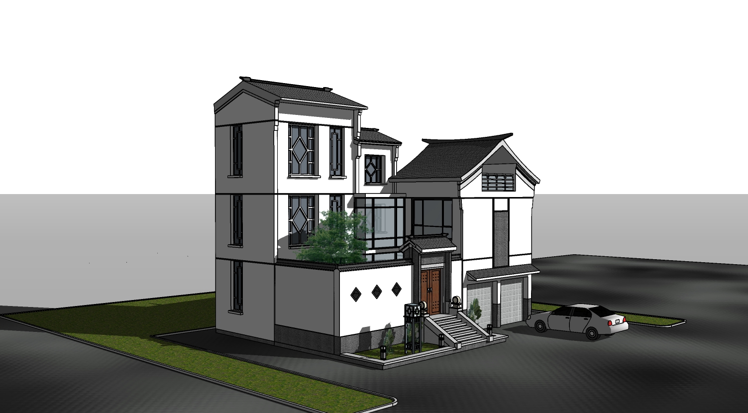 中式三层住宅建筑su模型-1