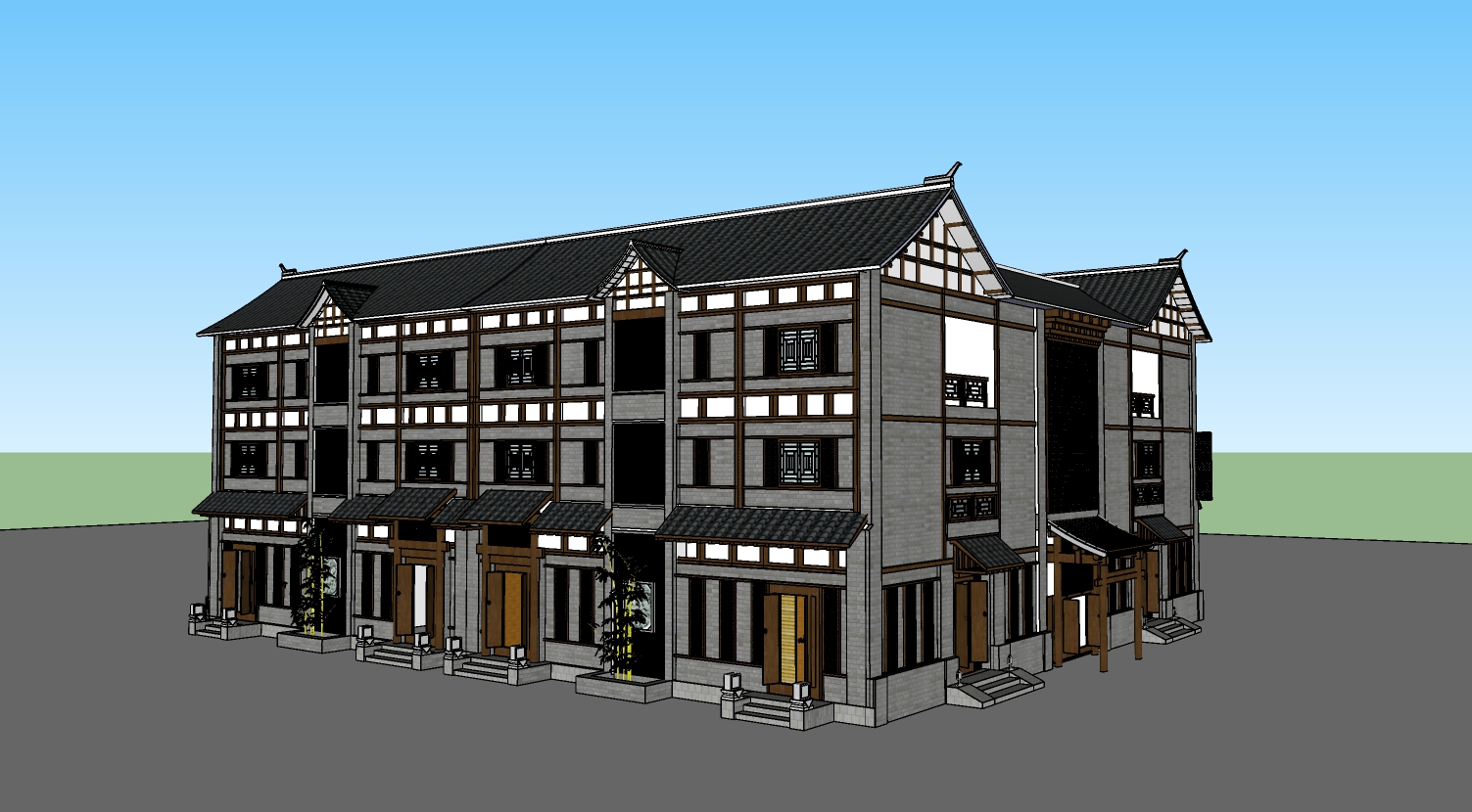 中式仿古三层住宅建筑su模型-1
