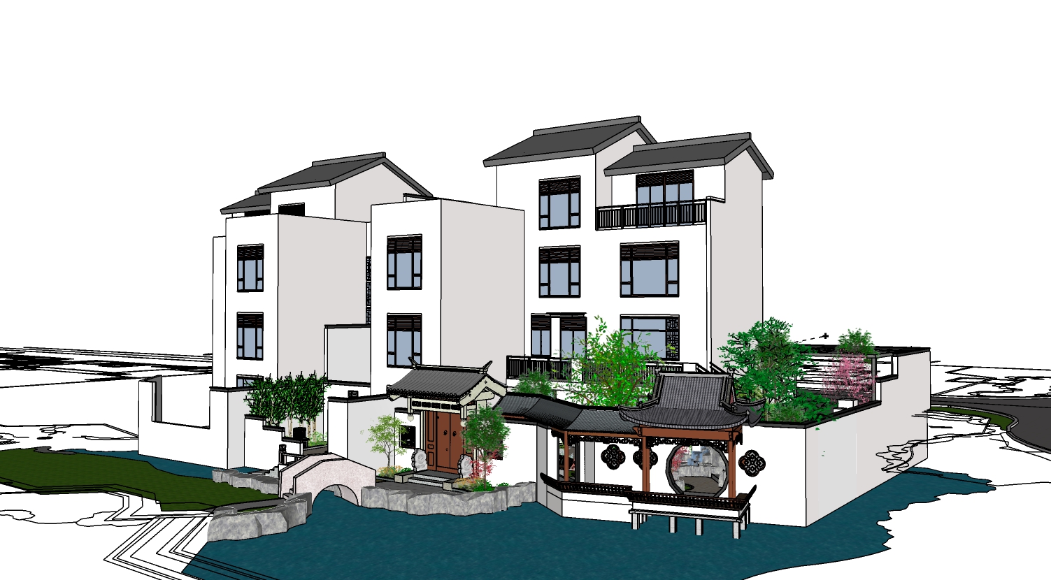 中式多层住宅建筑带院落su模型-1